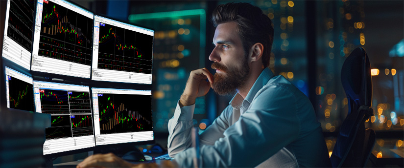 A man at a desk with multiple screens displaying various trading options on Meta Trader 4.