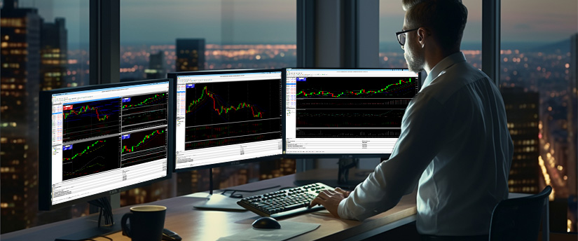 Um homem em uma mesa com três monitores exibindo vários gráficos do mercado de ações, usando o MT4 para análise de negociação.