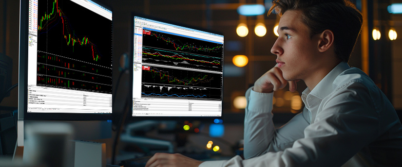 Forex trading psychology concept with a focused trader analyzing multiple charts on computer monitors in a dimly-lit workspace.