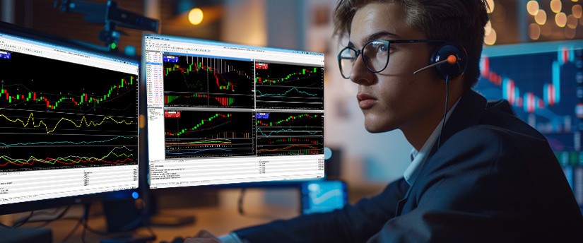 Un homme portant des lunettes et un casque analyse des données Forex sur deux écrans d’ordinateur dans un cadre professionnel.