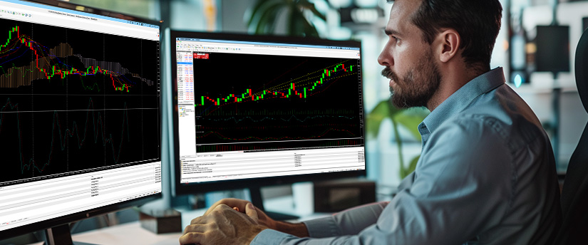 Un hombre en un escritorio con dos monitores que muestran varios indicadores de trading de análisis técnico de forex.