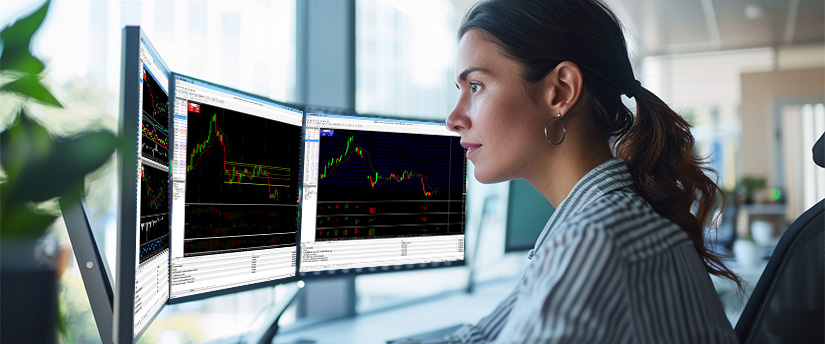 Una mujer sentada en un escritorio, concentrada en tres monitores que muestran diferentes opciones de trading y datos del mercado.