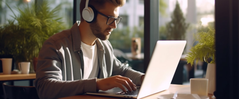 Um homem com fones de ouvido e óculos está concentrado em seu laptop, envolvido em trabalho ou uma tarefa.