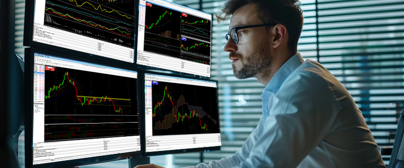 Un hombre en un escritorio con múltiples pantallas mostrando varias opciones de trading de forex y análisis de datos