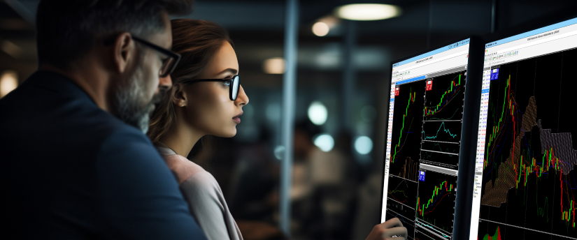Dos personas analizando una pantalla de ordenador que muestra un gráfico del mercado de valores forex