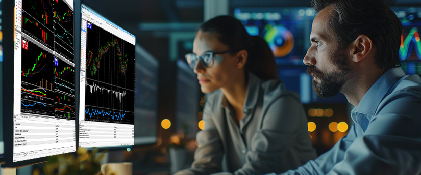 Two individuals analyzing trading data on a computer screen, reflecting a focus on psychology in financial decision-making.