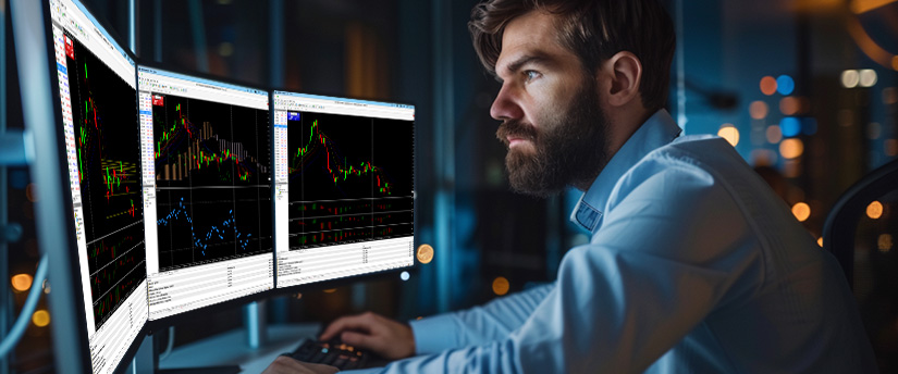 A man seated at a desk, surrounded by multiple screens showing different forex trading platforms and charts.