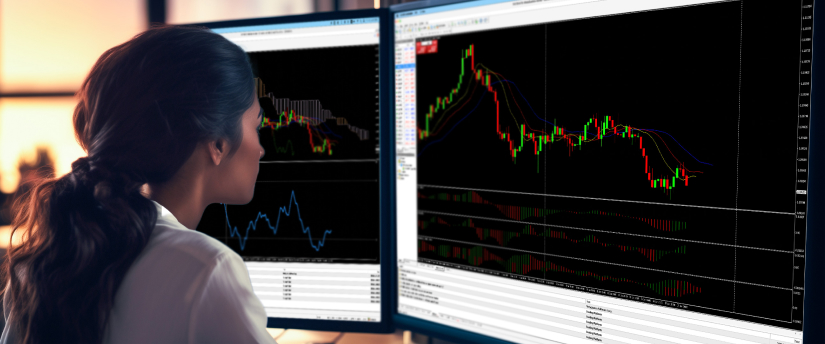 A woman studies two monitors displaying trading indicators, emphasizing her commitment to consistent forex trading.