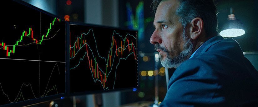 A focused man analyzing stock market charts on dual computer monitors in a high-tech trading environment, reflecting his trading personal plan goal style, with colorful graphs and financial data.