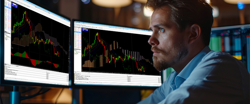 A man studies two different trading screens on monitors, engaged with the MetaTrader 4 platform for trading decisions.