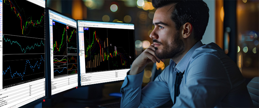 A man in a white shirt studies financial charts and data on two computer monitors in a dimly lit office, demonstrating focus, discipline, and a reliable trading mindset.