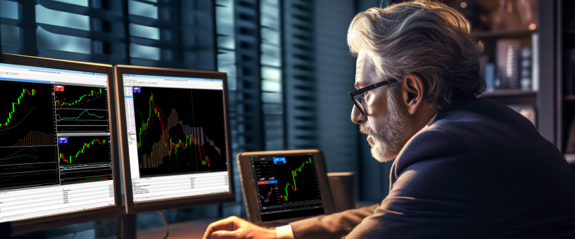 A suited man is seated at a desk, focused on two monitors showing different trading platforms, developing his forex trading skills essentials analysis MT4.