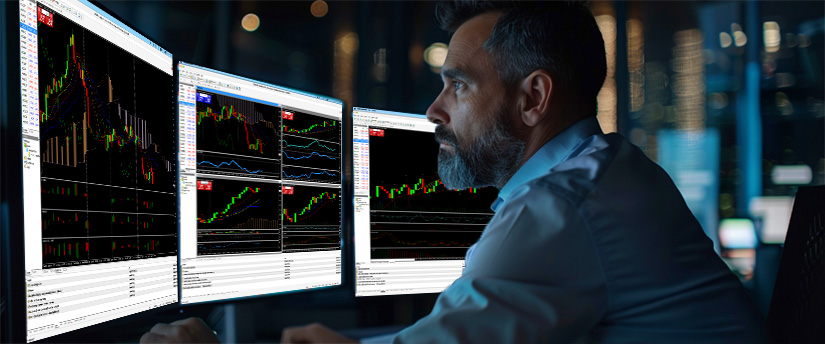 A focused man analyzes financial charts on three computer monitors in a dimly lit room, reflecting his trading personal plan goal style as the screens display stock market data and colorful graphs.