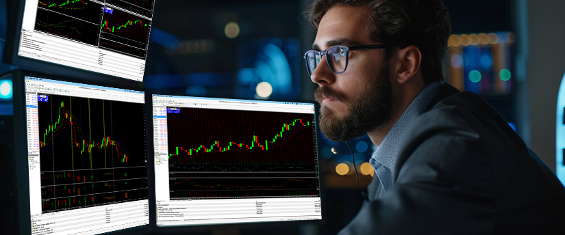 Trader analyzing charts on multiple screens while using different silver trading methods.
