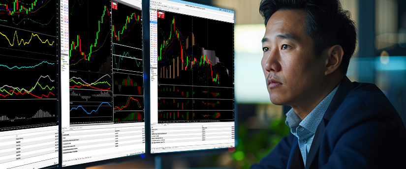 Person in a suit focused on multiple financial charts and graphs displayed on computer screens in an office setting, illustrating smart trading plan results.