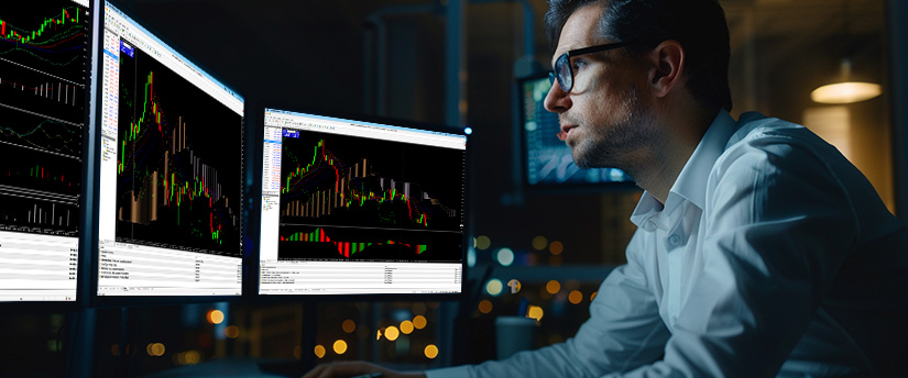 A man in glasses studies financial charts and data on two computer monitors, analyzing fluctuating line graphs and stock market trends in a dimly lit office, showing how emotions influence your trading.