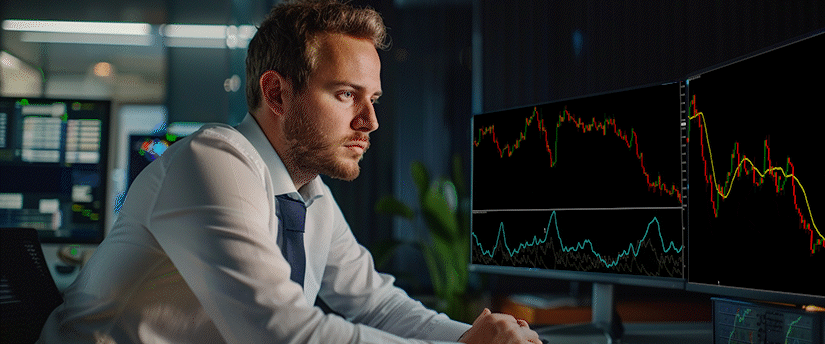 Professional in a white shirt analyzing financial data on multiple monitors with colorful charts and graphs in a modern office, demonstrating smart trading plan results.