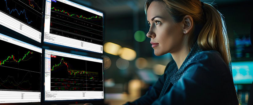 A woman with blonde hair in a ponytail looks intently at multiple monitors displaying financial charts and data, highlighting the process of forex fundamental analysis in a professional trading environment.