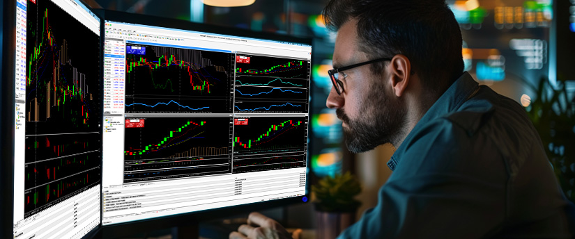 A man wearing glasses and a blue shirt intently watches two computer monitors displaying financial candlestick charts while analyzing how to trade forex during economic news releases in a focused trading environment.