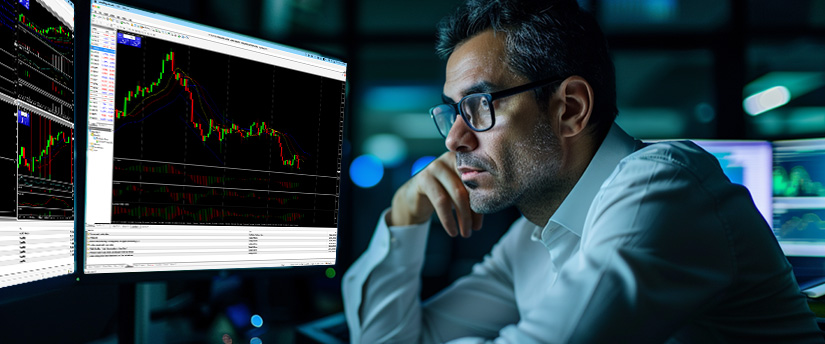 A man in glasses intently watches multiple computer screens displaying financial trading charts and data in a dark room, analyzing the impact of US inflation on the markets.
