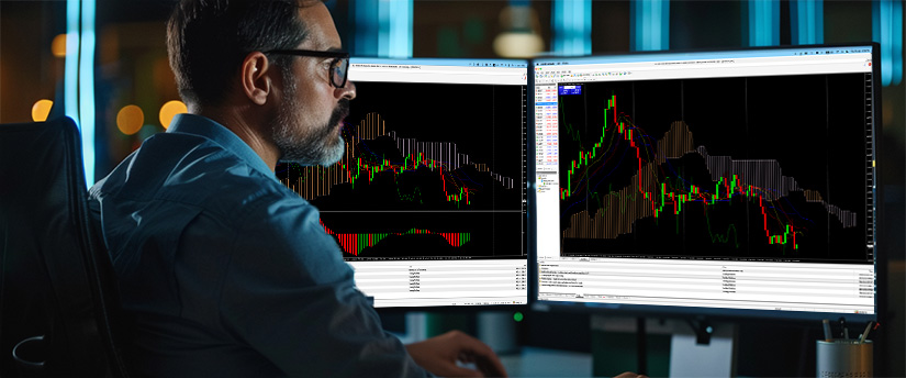 A man in glasses and a blue shirt intently watches two monitors displaying financial trading charts while analyzing market volatility and learning how to trade forex during economic news releases.