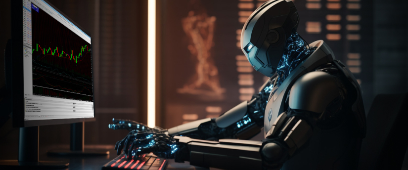 A futuristic robot with glowing blue circuitry types on a keyboard while viewing financial charts on a computer monitor, representing forex robots for automated trading.