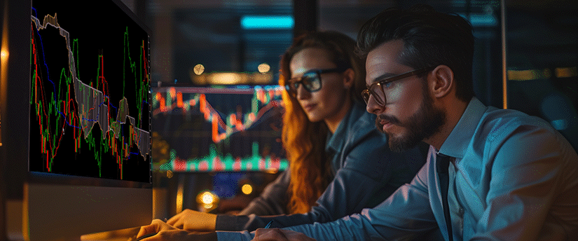 Two people, a man and a woman, analyze stock market charts on a computer screen in a dark office, highlighting Patience in Trading.