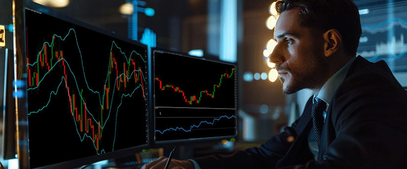 A professional trader in a dark office analyzing multiple monitors displaying Forex EA strategies for scalping. The primary screen shows a candlestick chart with Bollinger Band indicators used for high-frequency automated trading.