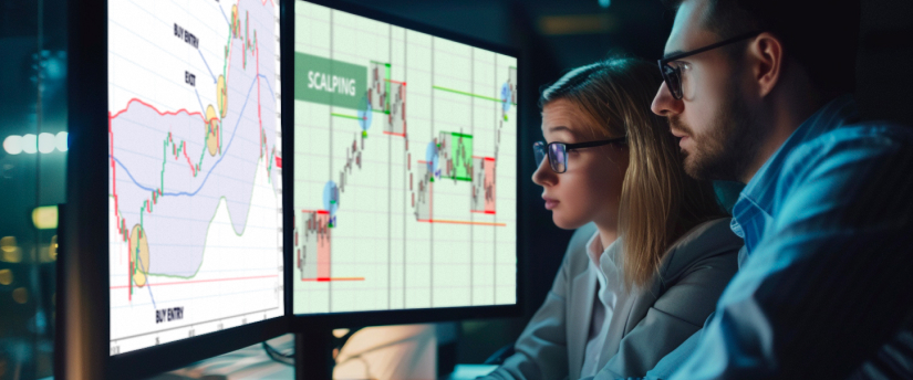 Two people intensely focused on dual monitors displaying financial graphs and charts, indicating stock trading. The room is dimly lit, suggesting a serious atmosphere. Forex EA strategies for scalping.