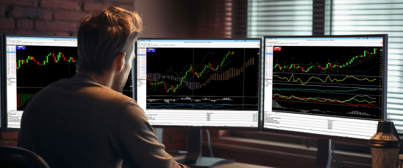 A person analyzes stock charts on three computer monitors, displaying rising trends and indicators in a dimly lit room, creating a focused mood, Forex EA strategies for scalping.