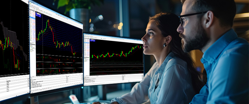 A man and a woman intently view multiple computer screens displaying financial charts.