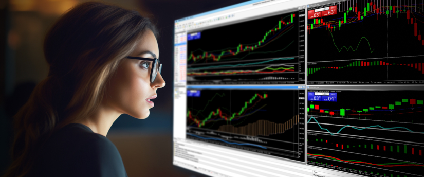 A woman with glasses intently analyzes stock market charts on a computer screen, showing strong focus and concentration on financial data, Forex EA strategies for scalping.