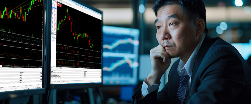 A man in a suit intently analyzes financial charts on dual monitors in a dimly lit office, conveying focus and concentration on stock trends, with attention to economic indicators affecting forex markets.