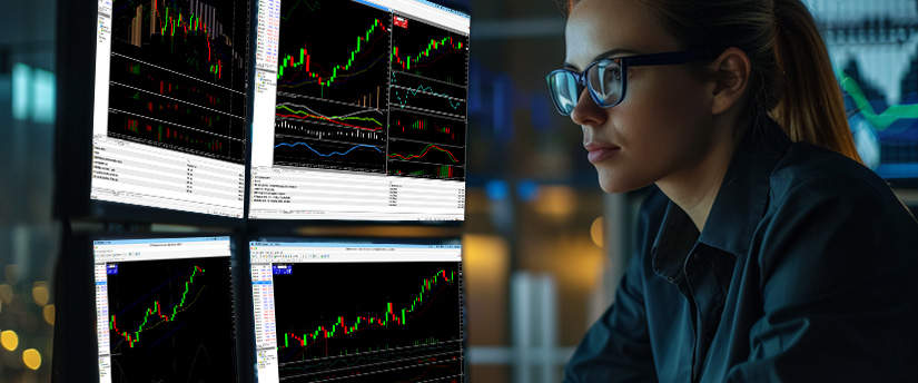 A focused woman in glasses analyzes stock charts on multiple computer monitors, displaying rising graphs and data, in a dimly lit room, using a currency strength meter.