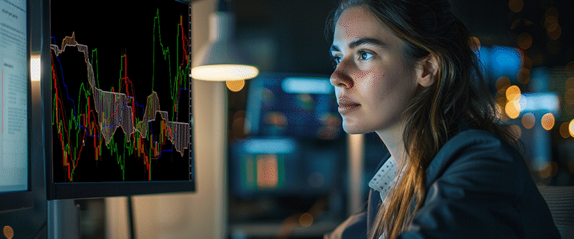 A woman analyzing a stock chart displayed on a screen, focused on financial data, market trends, and currency risk management strategies to evaluate potential risks and opportunities in the financial markets.