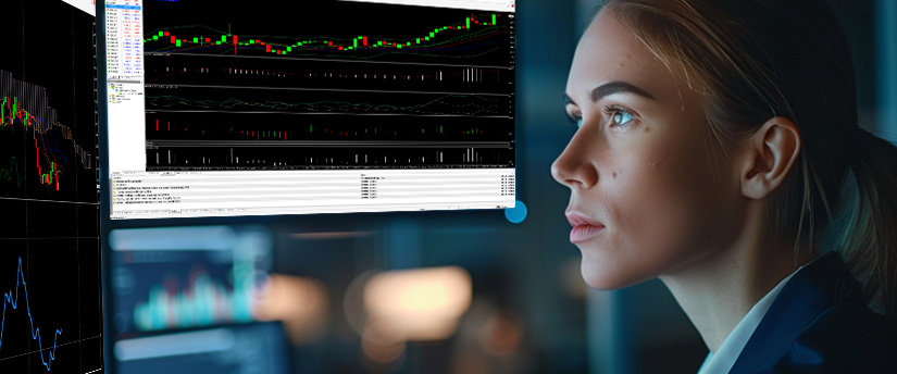 A focused woman analyzes financial data on multiple screens displaying stock charts and graphs, demonstrating expertise in Forex market timing, technical analysis, and strategic trading decision-making.