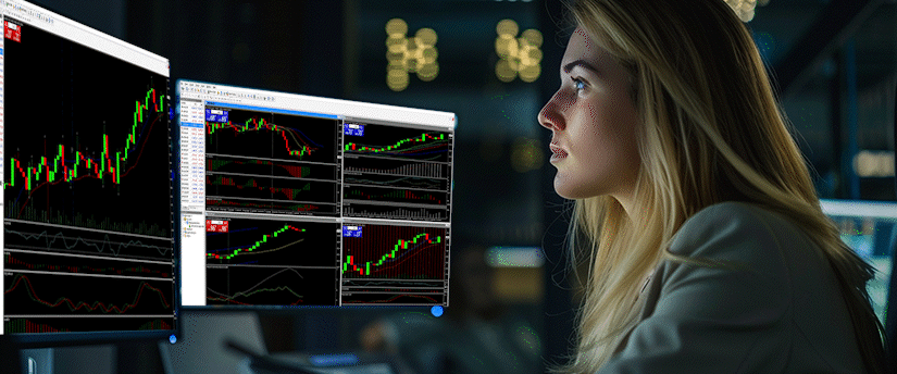 A focused woman investor studying live technical analysis charts on multiple displays to master Forex market timing and identify high-liquidity session overlaps.