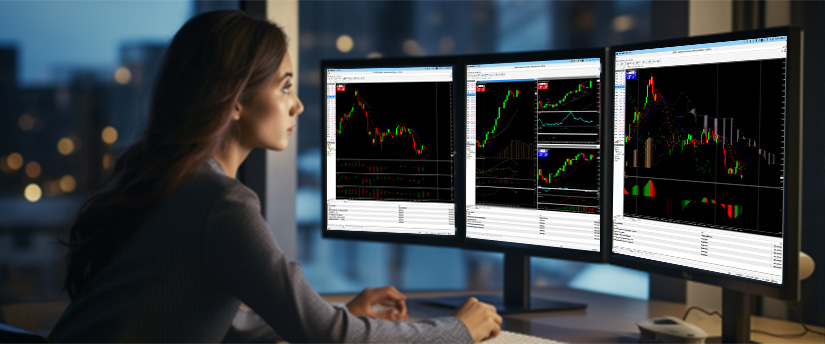 Side profile of a woman monitoring multiple candlestick charts across a triple-monitor setup, focusing on short-term market movements for forex price action scalping.