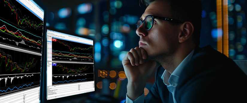Contemplative trader analyzing price action chart patterns for Forex scalping strategies on a multi-screen workstation at night.