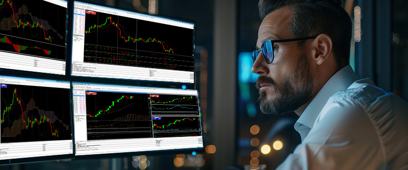 Focused male trader executing Forex scalping strategies on an MT4 trading platform using multi-monitor technical analysis charts.