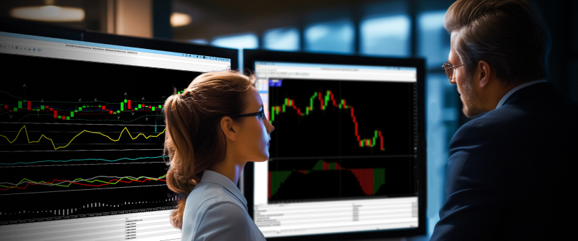 A male and female trader side-by-side reviewing live market trends for popular cryptocurrencies on desktop screens.