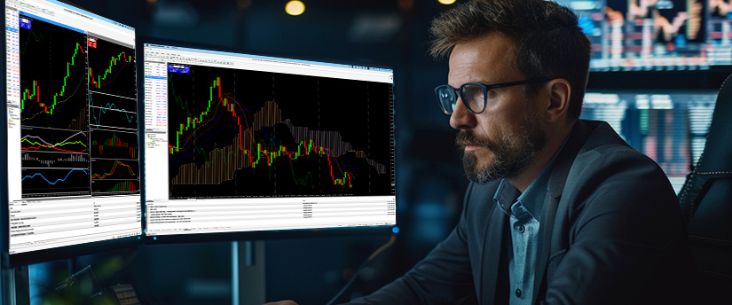 Trader comparing forex charts and currency pairs with low spreads on multiple screens
