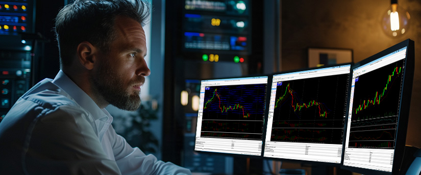 Trader monitoring multiple precious metals trading charts and market price movements