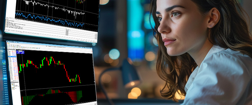 Woman monitoring commodity trading charts and price movements on a trading platform