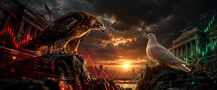Hawk and dove representing hawkish vs dovish central bank policy and market sentiment