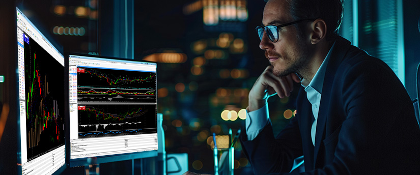 Trader in a suit watching candlestick charts and indicators on two monitors