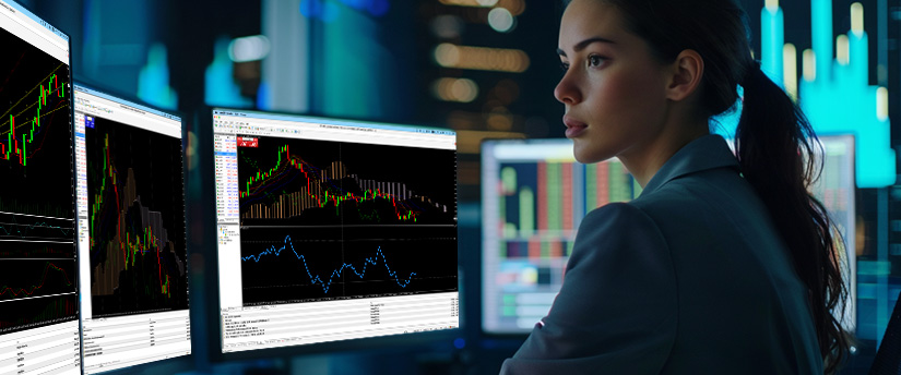 Trader in glasses reviewing price charts on trading platform screens