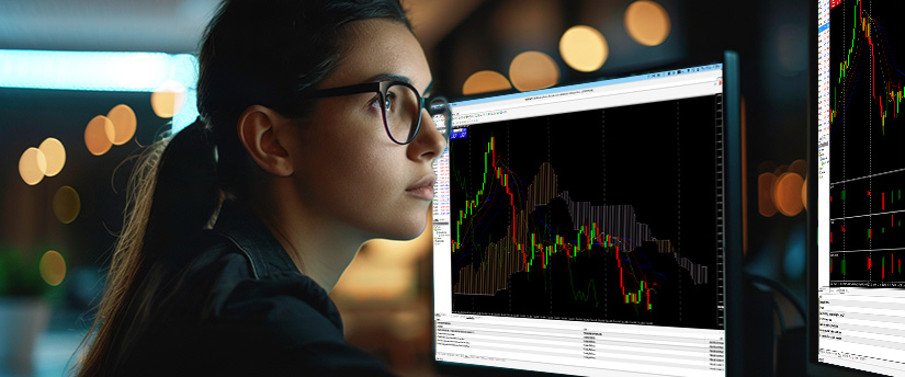 Trader analysing a candlestick chart with technical indicators on a trading platform