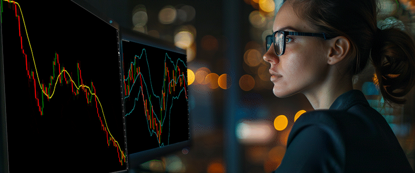 Trader reviewing a falling price chart with a moving average to gauge market volatility