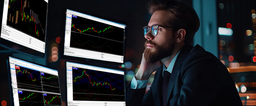 Trader studying a trading range across several chart windows